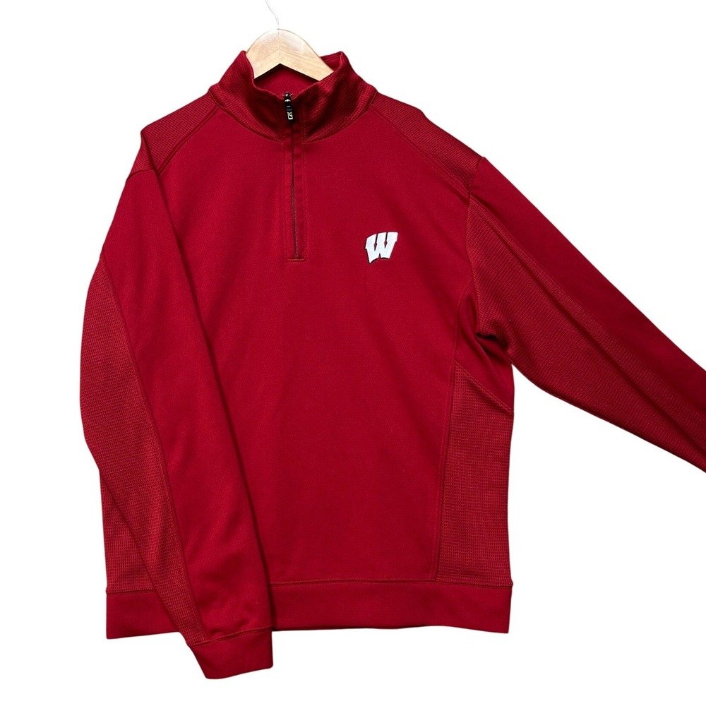 Wisconsin Badgers Cutter & Buck Pullover Mens Medium Red 1/4 Zip CB DryTec EUC